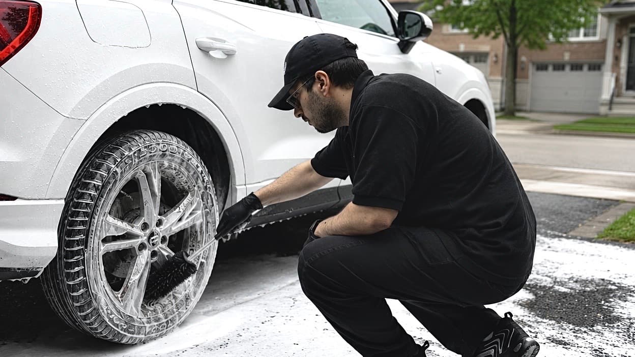 Wheel being cleaned during a mobile detail